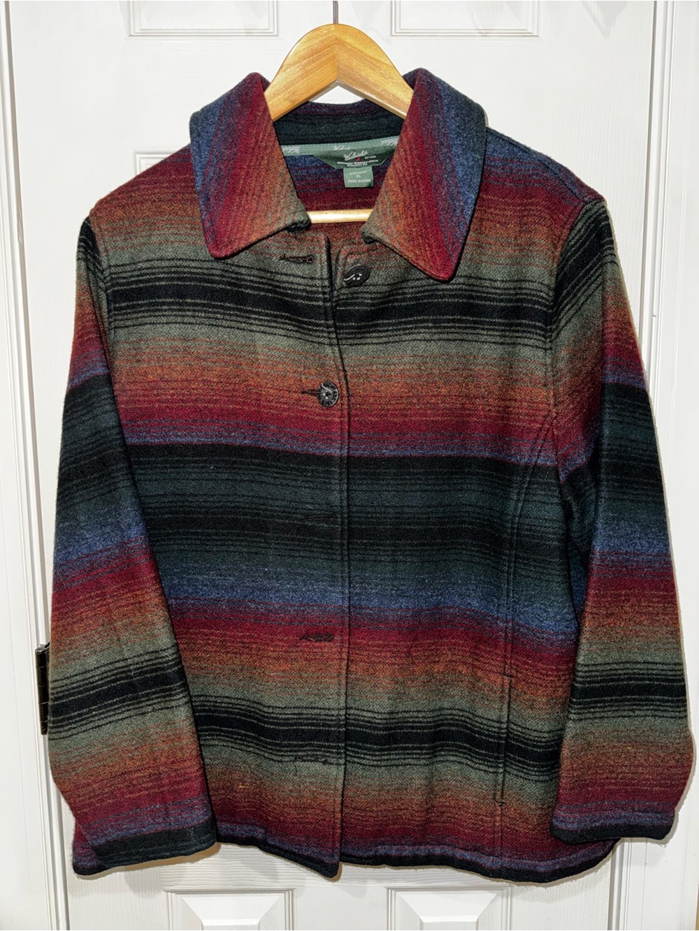 Woolrich Multicolor Striped Wool Pea Coat - Red, Blue, Black